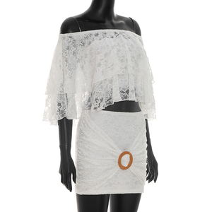 Viviblook J26ST143 Women Summer Skirt Set Sexy <b>Lace</b> Off Shoulder Crop Top Mini Bodycon Skirt Casual Set - Product Image 3
