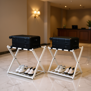 Porte-bagages pliable en métal avec rangement pour chaussures, blanc, mobilier d'hôtel, usage commercial - Product Image 2