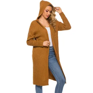 2021 New Arrivals Spring Winter Women Open Front Brown Chunky Cable Hooded Hoodie Long Cardigans Sweaters From Manufacturer