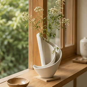 Vase en céramique abstrait blanc mat incurvé 3D, style Japandi, pour décoration de table à manger ou fenêtre en bois clair - Product Image 4