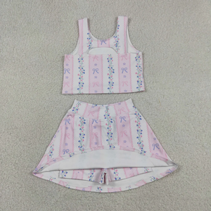 New Summer Girls 2-piece Floral Bow Print Sleeveless Tank Top Skort Set Casual Activewear <b>Clothes</b> for Kids - Product Image 2