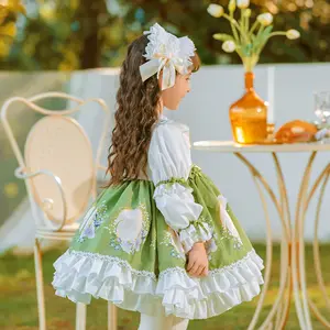 2024 New Update Kids Spring Flower Green Dress Children Bow Knot Ruffle Dress Girls Boutique Lolita Dresses