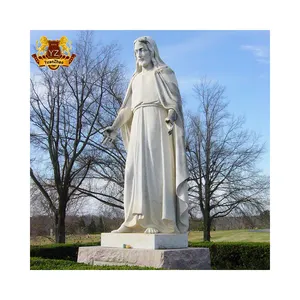 आउटडोर धार्मिक हाथ से नक्काशीदार पत्थर की नक्काशी वाली सफेद आदमकद संगमरमर की कैथोलिक यीशु की मूर्ति
