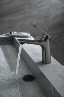 Mitigeur de lavabo monotrou en cuivre brossé couleur canon de fusil, à profil bas, eau chaude/froide, avec cartouche céramique