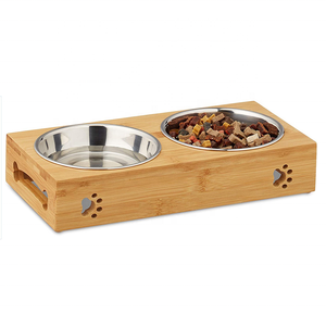 Alimentador elevado de madera de bambú para mascotas, 2 cuencos para perros, soporte elevado con cuencos de acero inoxidable dobles, alimentador de madera para mascotas - Product Image 1