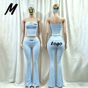 Set Due Pezzi alla Moda Y2K con Stampa a Pois, Logo Personalizzato, Top Senza Spalline, Pantaloni a Vita Alta e Gamba Larga, Elasticizzati - Product Image 4