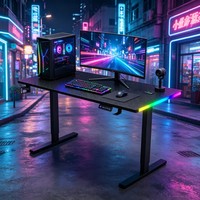 Bureau d'ordinateur de jeu à hauteur réglable avec éclairage LED RGB, porte-gobelet et crochet pour casque, table assise-debout pour étudiants