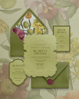 Invitations de mariage vintage vert olive à motif floral, découpées à la forme de coquille, gaufrées, avec enveloppe, pour mariages espagnols