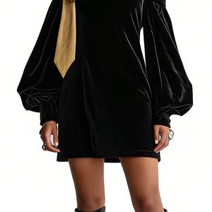 <span class=keywords><strong>Abito</strong></span> <span class=keywords><strong>Mini</strong></span> in Velluto con Spalle Scoperte e Dettaglio Fiocco Dorato, Maniche a Campana, Vestito da Cocktail per Donna, Abbigliamento Femminile Sehe Fashion - Product Image 6