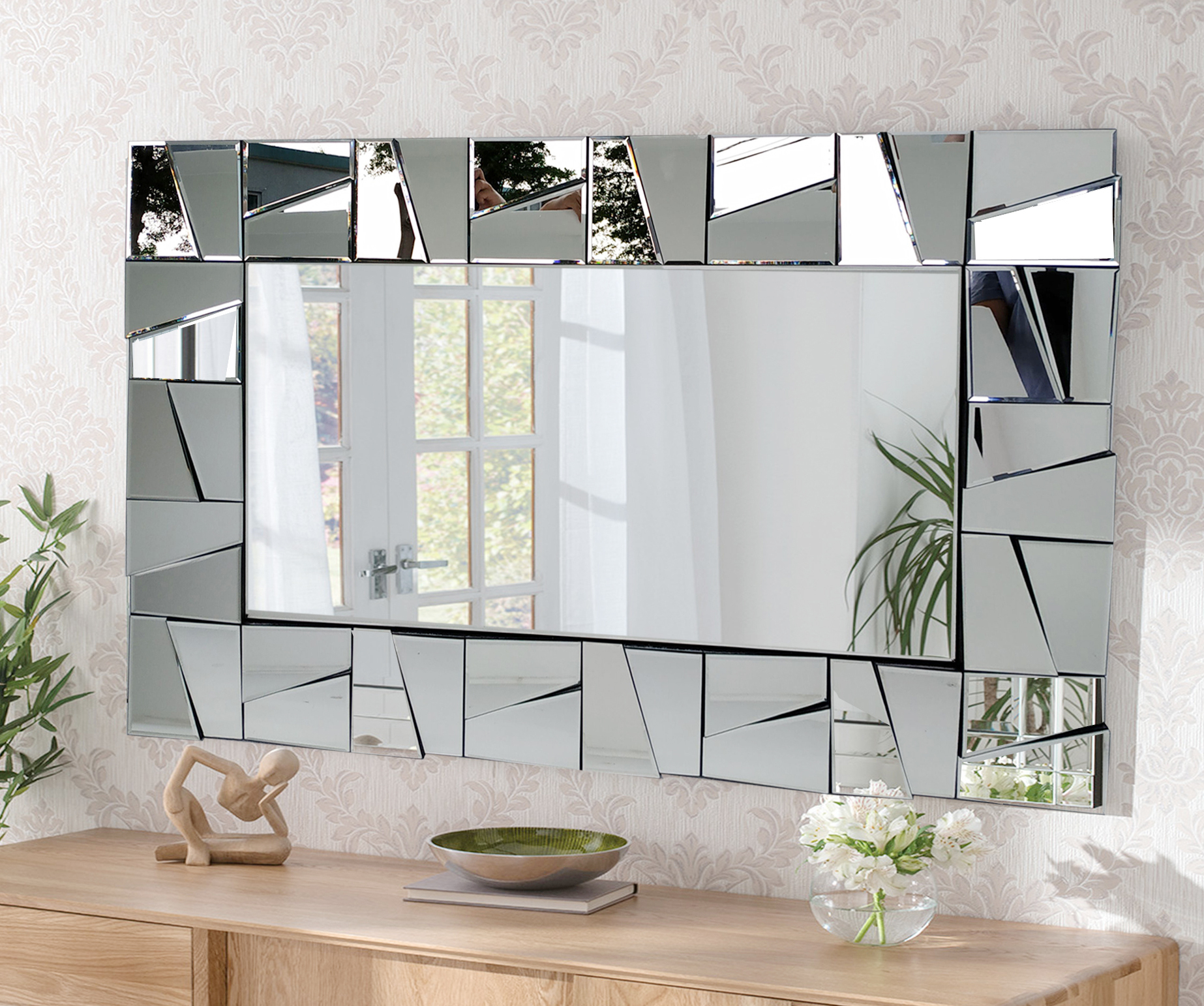 Miroir Mural Décoratif Avec Cadre En Incrustation D'Os - Diamètre 21 Pouces, Fait Main En Inde