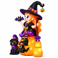 Décoration gonflable d'Halloween sur citrouille avec chat noir, chauve-souris et balai, pour extérieur, jardin, pelouse, fête, vacances