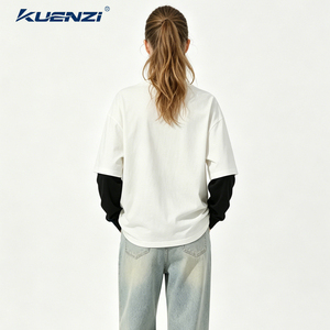 Ensemble deux pièces Kuenzi Hot Girl Hip Hop style américain, avec empiècements contrastants, superposés, 280GSM, 100% coton, t-shirts à manches longues - Product Image 6