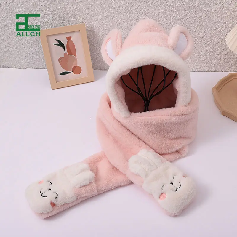 ALLCH Functional Animal Hat Hoodie Hat with Long Paw Scarf Mitten Combo Girl Winter Hat with Gloves