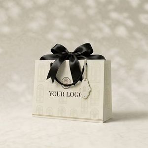 Luxury Custom Logo <strong>Cream</strong> Paper <strong>Bag</strong> with Large Black Ribbon Bow for Premium Perfume Cosmetics Gift Packaging Shopping <strong>Bag</strong> - Product Image 1