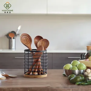 Kitchen Storage Organizer Tool Utensil Holder Large Round With Wooden Base Matte Black Cooking Utensil For Kitchen Storage