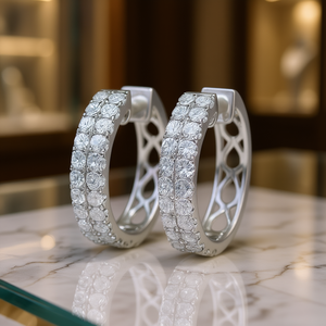 E4201 White Gold <b>Hoop</b> <b>Earrings</b> With Round Brilliant Cut Diamonds Channel Setting Women's Luxury <b>Fine</b> Jewelry - Product Image 2