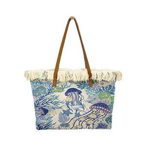 <span class=keywords><strong>Sac</strong></span> à bandoulière grande capacité pour femme, motif marin imprimé, avec deux sangles, en toile, style rétro, à pompons, fermeture éclair, pour la <span class=keywords><strong>plage</strong></span> et les voyages, collection Printemps-Été - Product Image 5