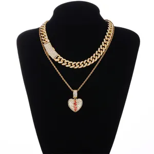 2023 New Cuban Iced Fashion Alloy Jewelry Bling Repaired Broken Heart Pendant with Chain Necklace Set