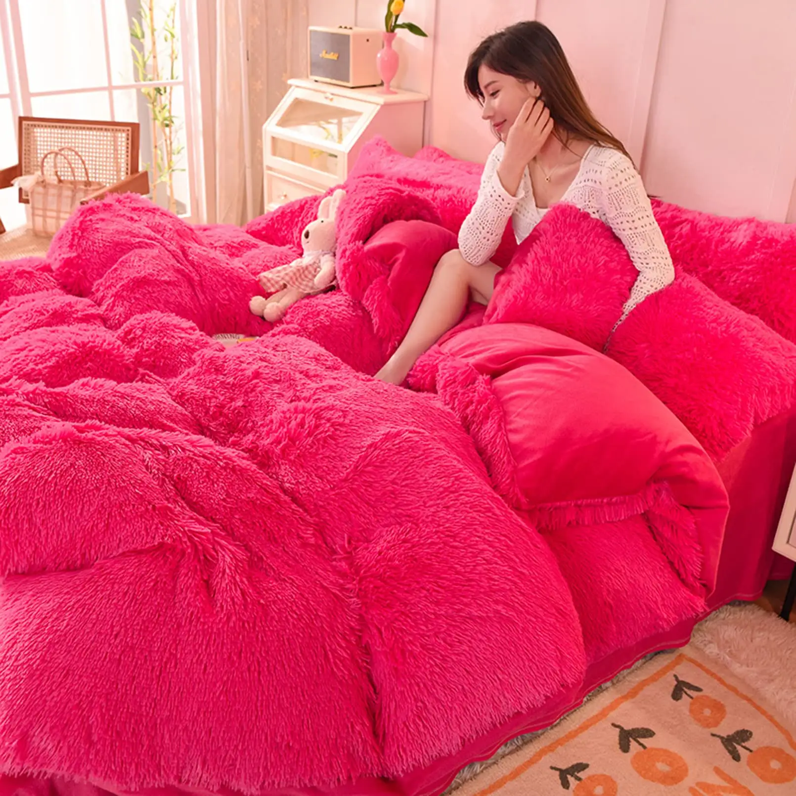 レインボーカラーフェイクファーベルベットふわふわぬいぐるみソフト寝具セット暖かい冬のベッドシーツセット4ピース羽毛布団カバーセット