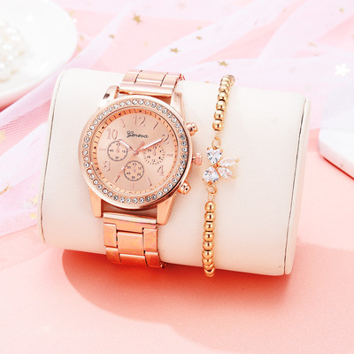 5015  2pcs/set  Women's   Bracelet Geneva Classic Luxury Rhinestone  Ladies Fashion Watch
