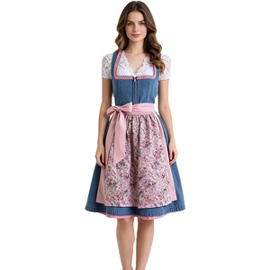 Robe Dirndl en jean pour femme, chemisier en dentelle blanche, tablier fleuri, nœud en <span class=keywords><strong>ruban</strong></span> rose, costume traditionnel bavarois pour l'Oktoberfest - Product Image 1