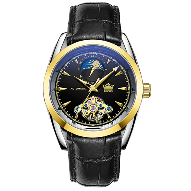 Top Brand Moon Phase Stainless Steel Case Customized Logo Luxury Skeleton Automatic Mechanical Men Wrist Watch Leather