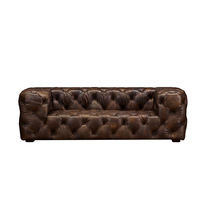 Style américain Vintage Industrial Loft Oil Wax Leather Sofa Full Cowhide Small Pull Buttons for Three-Seater Living Room Small