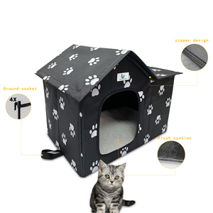 Abri pour chats sauvages en tissu Oxford noir imperméable, pour intérieur/extérieur, avec coussin amovible et motif patte – Vente en gros - Product Image 2