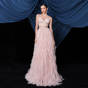 <span class=keywords><strong>Abito</strong></span> da Sera <span class=keywords><strong>Lungo</strong></span> da Ballo in <span class=keywords><strong>Organza</strong></span> di Lusso per Donna con Corpetto Crop Top e Schiena Scoperta - Product Image 1