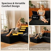 Canapé modulaire en L sans assemblage, 110 pouces, avec compression, sans armature, en tissu peluche moderne, inclinable, en mousse à mémoire de forme, noir