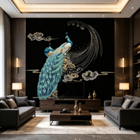 Wallpaper Tempel, Mural Burung Biru Hijau, Dinding Latar Belakang Hitam untuk Villa, Hotel, Klub, Kamar Tidur & Dinding Sofa di Foyer