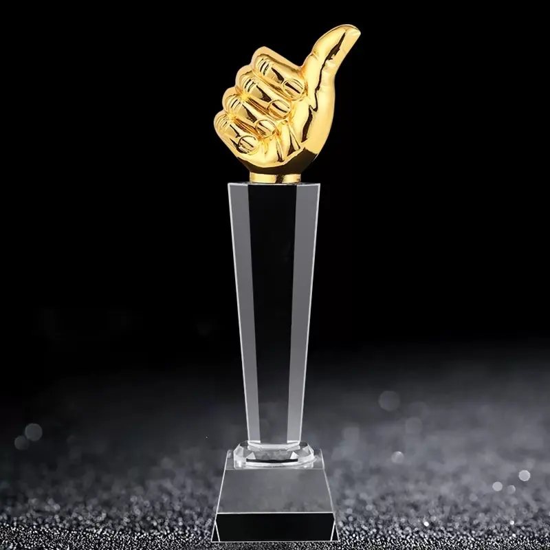 Golden Creative Engraving Prize Promotion Thumbs Up Souvenir Crystal Trophy