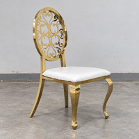 Chaise de banquet ovale à dossier sculpté en acier inoxydable doré, siège en cuir PU