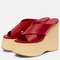 Mules à talons compensés hauts pour femmes, en cuir verni croisé, avec plateforme tressée, style escarpins à motifs en bois
