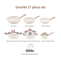 Ensemble de casseroles en aluminium antiadhésif blanc de qualité supérieure avec poignée en bois, double fond, 17 pièces, pour cuisine minimaliste à domicile