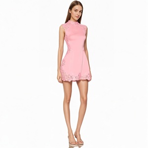 Minivestido rosa con ribete de encaje, vestido de fiesta ajustado sin mangas, vestido formal con escote alto para mujer, vestido transpirable para primavera/verano - Product Image 2