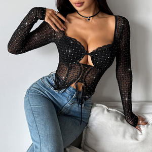 KISS <span class=keywords><strong>ME</strong></span> ANGEL Débardeur noir sexy pour femme à manches longues, en maille floquée ajourée avec effet de perspective et détails à cordons - Product Image 4