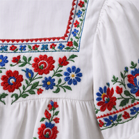 Robe décontractée pour femme, col carré, manches bouffantes, broderie florale, robe midi, coton 220GSM, coupe trapèze, logo personnalisé, OEM, robe décontractée