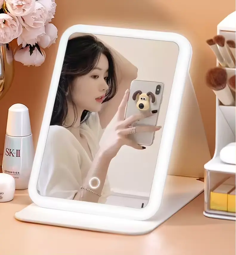 Princesa regalo Smart Square LED espejo de maquillaje Cubierta de cuero iluminado regulable espejo led