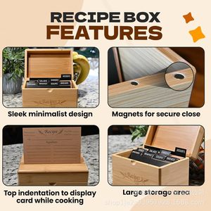 Caja de recetas de bambú con divisores, organizador de almacenamiento de madera para recetas de cocina - Product Image 3