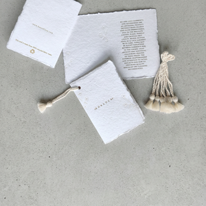 Custom Made Eco-Friendly Paper Deckle Edged Tags with Gold Foil Stamping and Matching Cotton Tassels for Bags & Shoes - Product Image 3