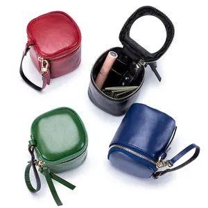 Cowhide Leather Coin Purse Mini Makeup Zipper Bag With Mirror Wrist Wallet Luxury Lipstick Bag Wholesale