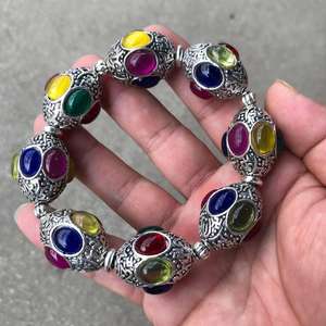 Retro <strong>Tibetan</strong> <strong>Silver</strong> Inlaid with Jade Six-character Maxim Bracelet Punk Lucky Beaded - Product Image 4