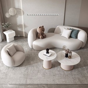 Kavisli Krem Rengi Kuzu Derisi Görünümlü 3 Kişilik Modüler Köşe Koltuk Otel Ofis Resepsiyon Kumaş Kaplı Oturma Odası Döşemeli Kanepe Takımı - Product Image 5