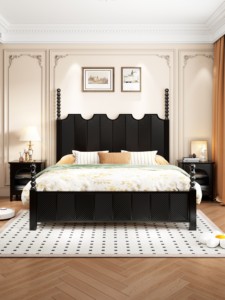 Vintage <b>Black</b> Solid Wood King Size <b>Bed</b> , American Queen <b>Bed</b> with Vertical Texture & Carved Details, Luxury Bedroom - Product Image 2