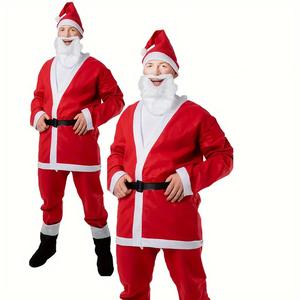 Disfraz de Papá Noel de tela no tejida de 5 piezas para adultos y niños, incluye chaqueta, sombrero, cinturón, pantalones, barba para vacaciones de Navidad - Product Image 4