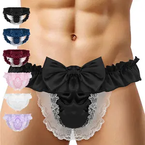 Men's Open Back Bow Ruffle Lace Trim Jockstrap Underwear Men Sexy Low Rise Satin Sissy Thongs Panty