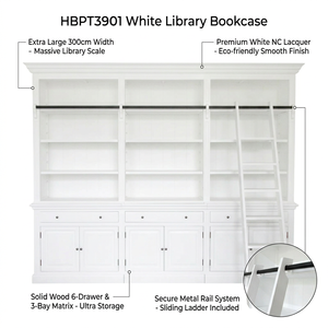 Bibliothèque extra-large de 300 cm à 3 compartiments en pin massif avec échelle, vitrine <span class=keywords><strong>blanche</strong></span>, buffet et rangement - Product Image 3
