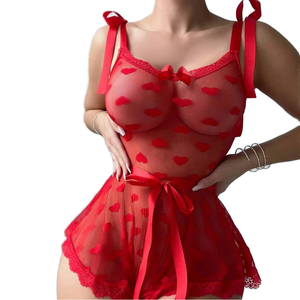 Nuevo Diseño de Lencería Transparente Roja para el Día de San Valentín, Transpirable, Ecológica, Delgada, con Estampado de Corazones, Altamente Sexy - Product Image 1