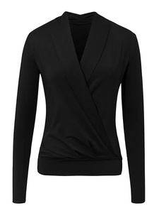 Chemisier plissé sexy pour femme à manches longues et col en V profond, couleur unie, coupe ajustée, collection Printemps-Automne - Product Image 4
